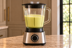 A complete countertop blender filled with pale green avocado milk before pouring.