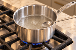 A small saucepan with clear gelatin liquid on the stove before blending avocado milk.