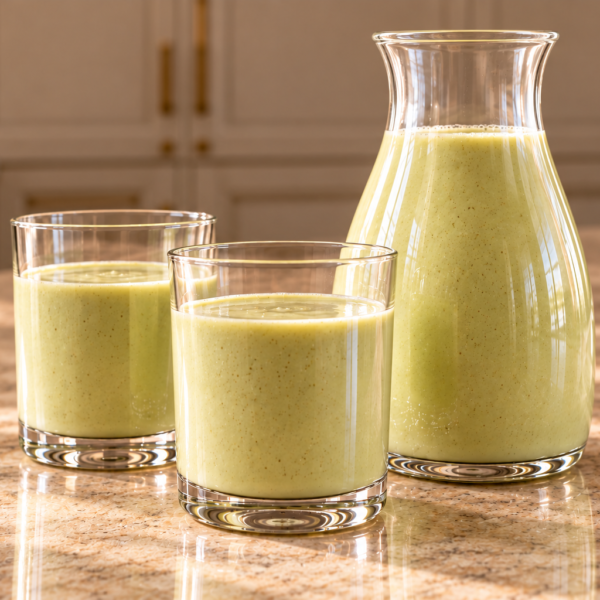 Two glasses and a carafe of pale green GAPS avocado milk with honey on a warm stone counter.