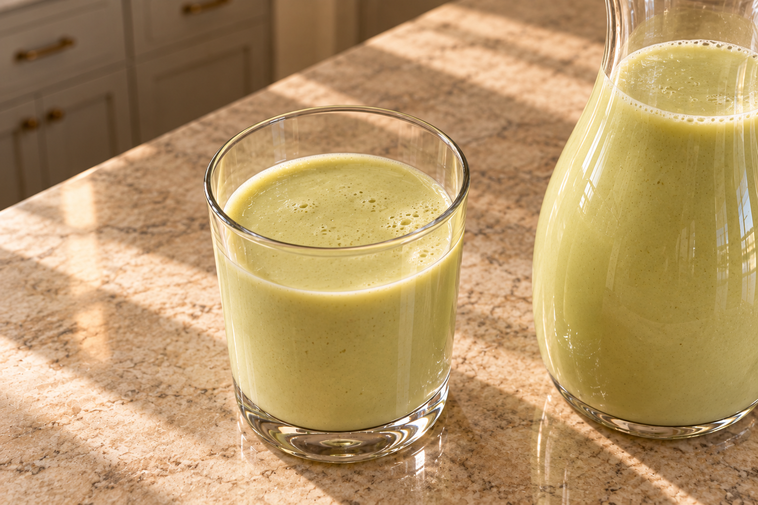 A close second angle of pale green GAPS avocado milk in glasses beside a carafe.