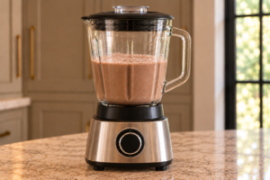 A complete countertop blender filled with chocolate avocado milk before pouring.