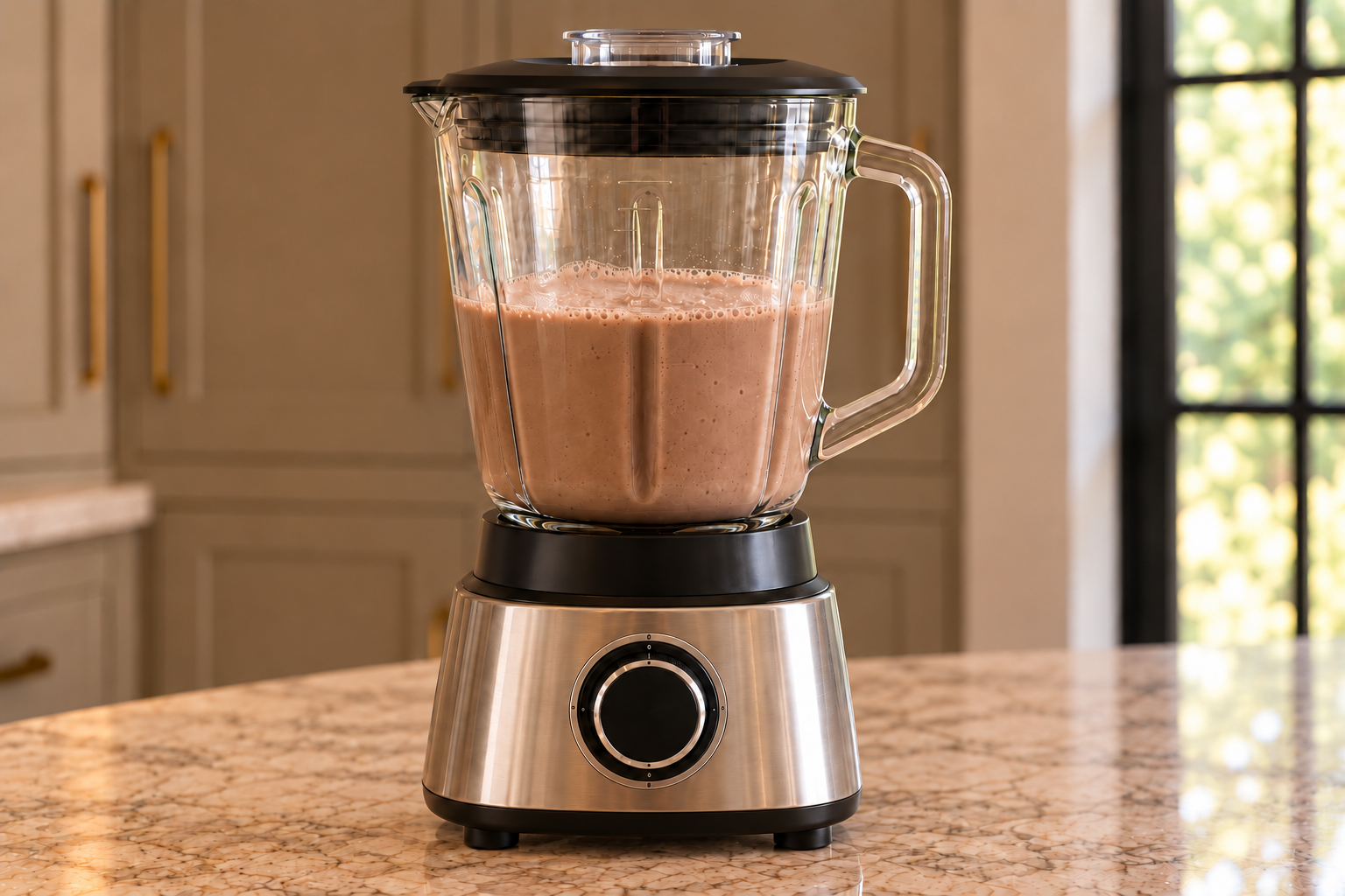 A complete countertop blender filled with chocolate avocado milk before pouring.