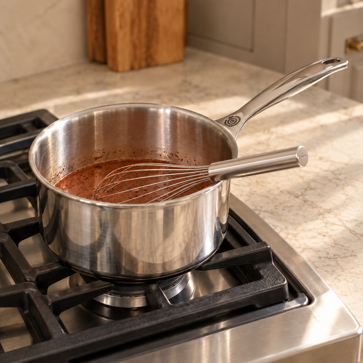 A stainless saucepan of shallow cocoa and honey mixture with a whisk on the stove.