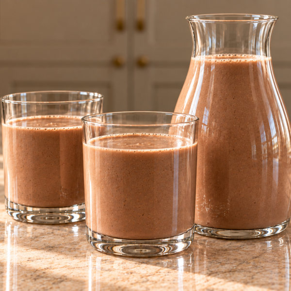 Two glasses and a carafe of chocolate avocado milk on a warm stone counter.