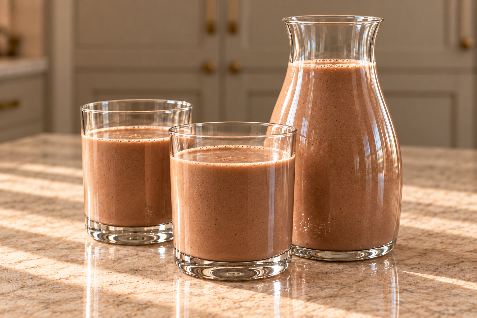 Two glasses and a carafe of chocolate avocado milk on a warm stone counter.