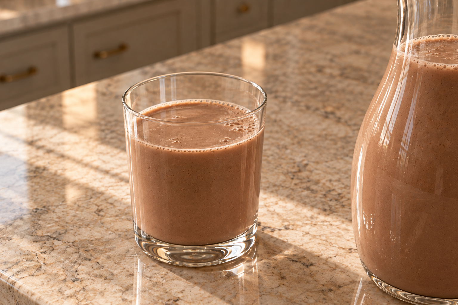 A close second angle of chocolate avocado milk in glasses beside a carafe.