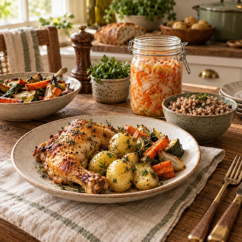 Roast chicken, young potatoes, vegetables, fermented grains and cultured vegetables prepared for the transition off GAPS