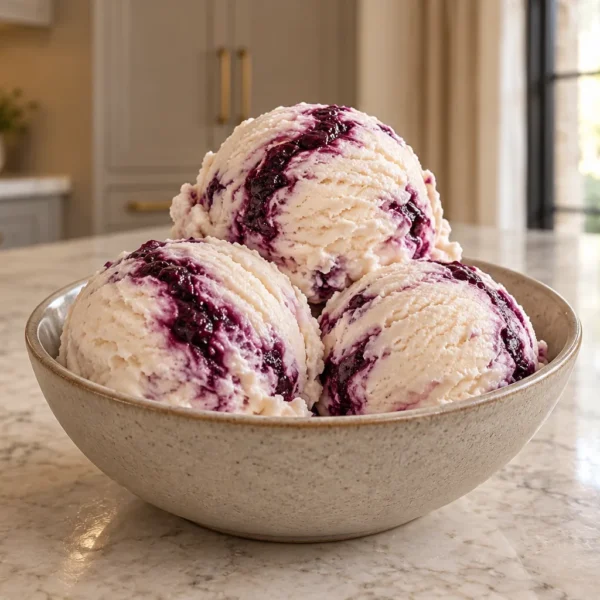 Dairy-free coconut cream lavender blackberry swirl ice cream for Full GAPS in a ceramic bowl