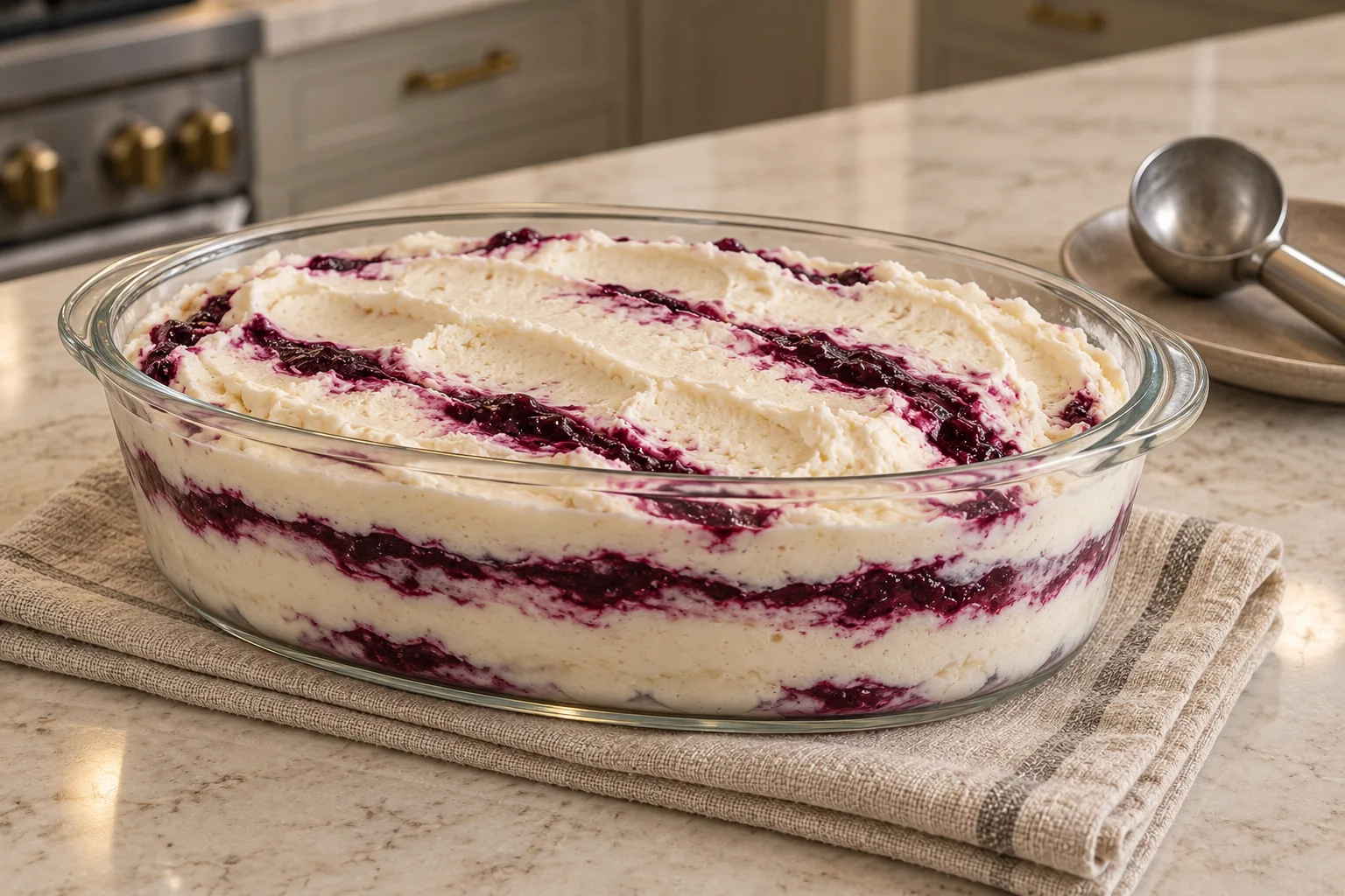 Dairy-free coconut cream ice cream layered with blackberry sauce in a glass freezer dish
