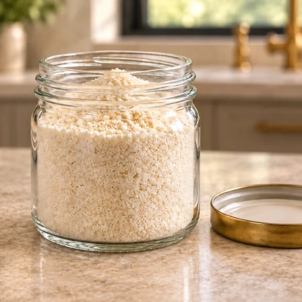 Close view of a glass jar filled with fine one-hour coconut flour in the WFLI kitchen