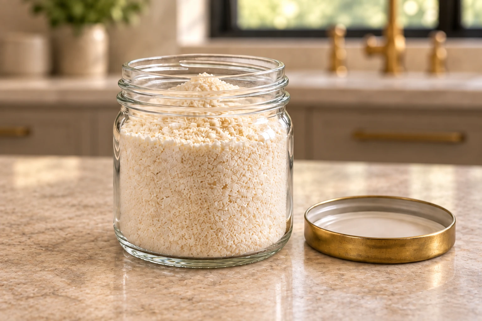 Close view of a glass jar filled with fine one-hour coconut flour in the WFLI kitchen