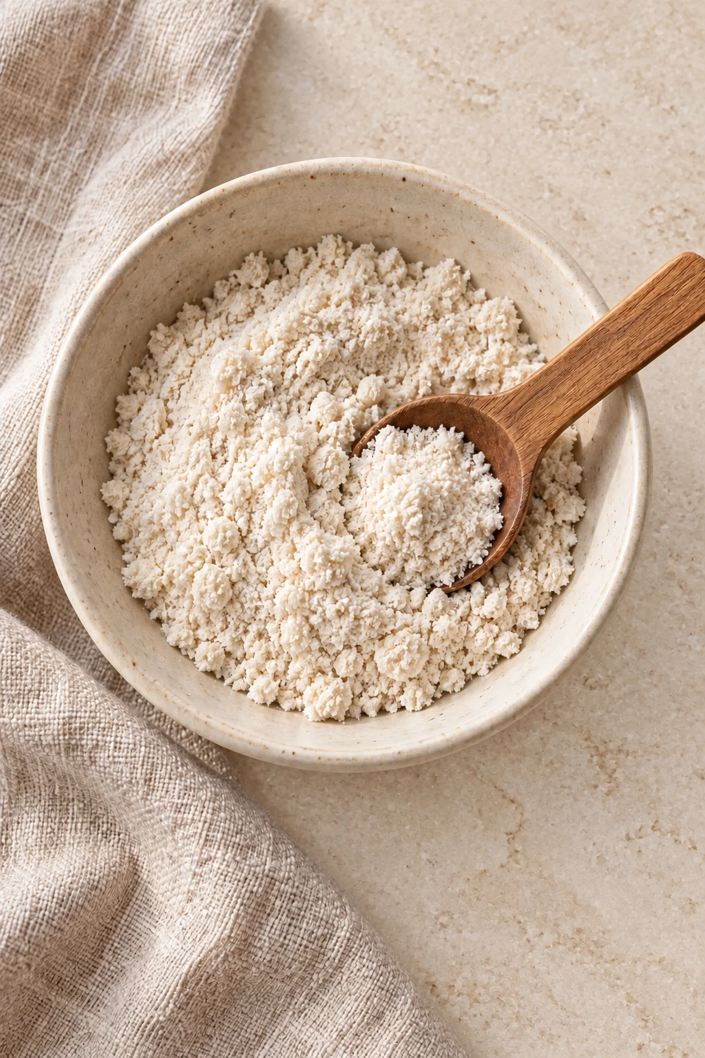 Overhead bowl of fine one-hour coconut flour with a wooden spoon resting in the bowl