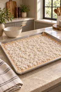Hot-water coconut-milk pulp spread thinly on parchment over a stainless-steel sheet