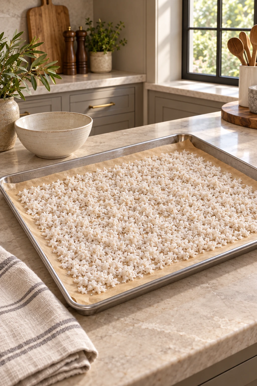 Hot-water coconut-milk pulp spread thinly on parchment over a stainless-steel sheet