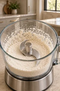 Fully dried one-hour coconut pulp paused in a glass processor during short pulses