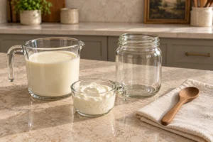 One pint cream and one-quarter cup homemade 24-hour yogurt measured beside a glass jar