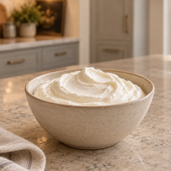 Bowl of thick chilled Full GAPS yogurt-culture sour cream in the WFLI kitchen