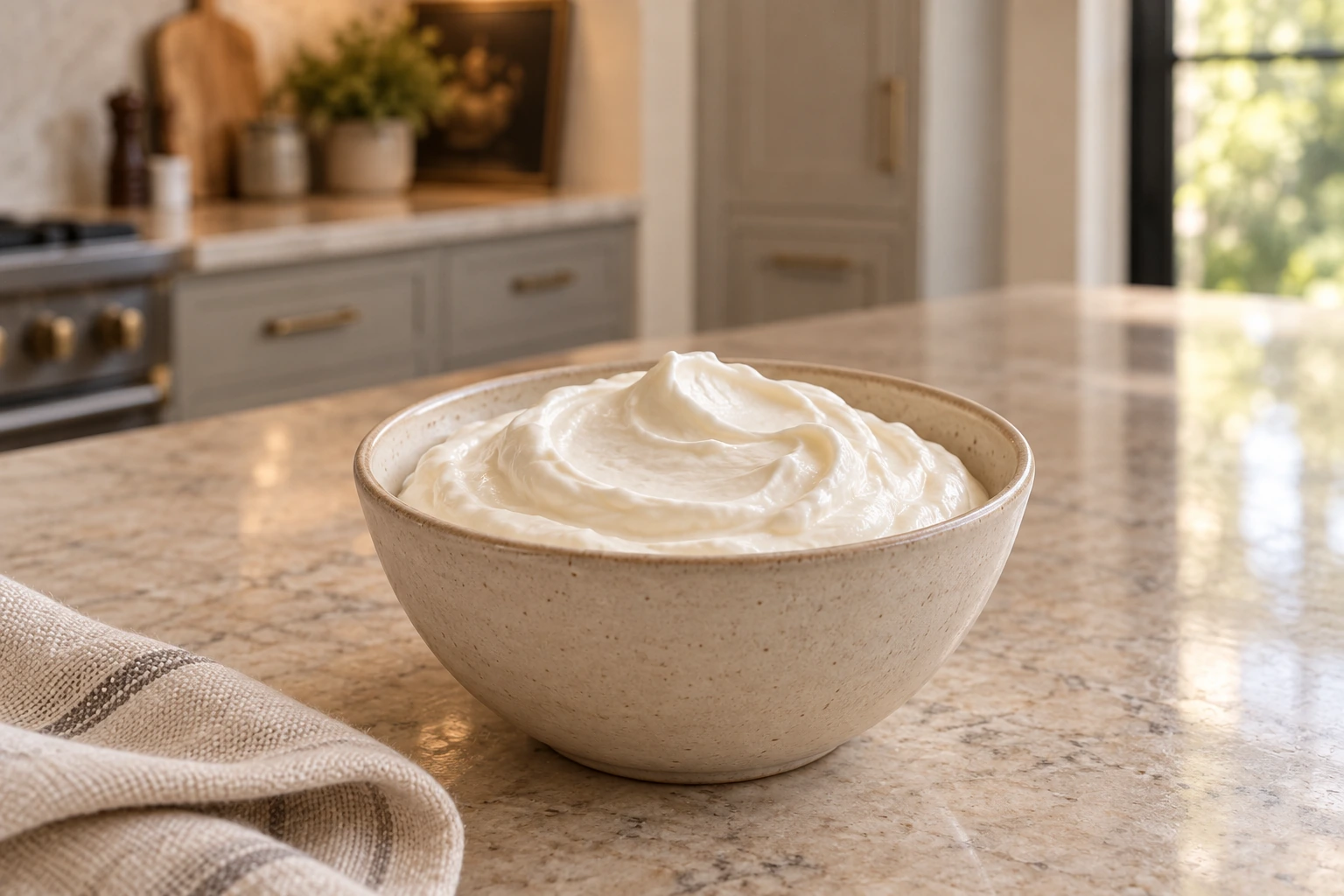 Bowl of thick chilled Full GAPS yogurt-culture sour cream in the WFLI kitchen