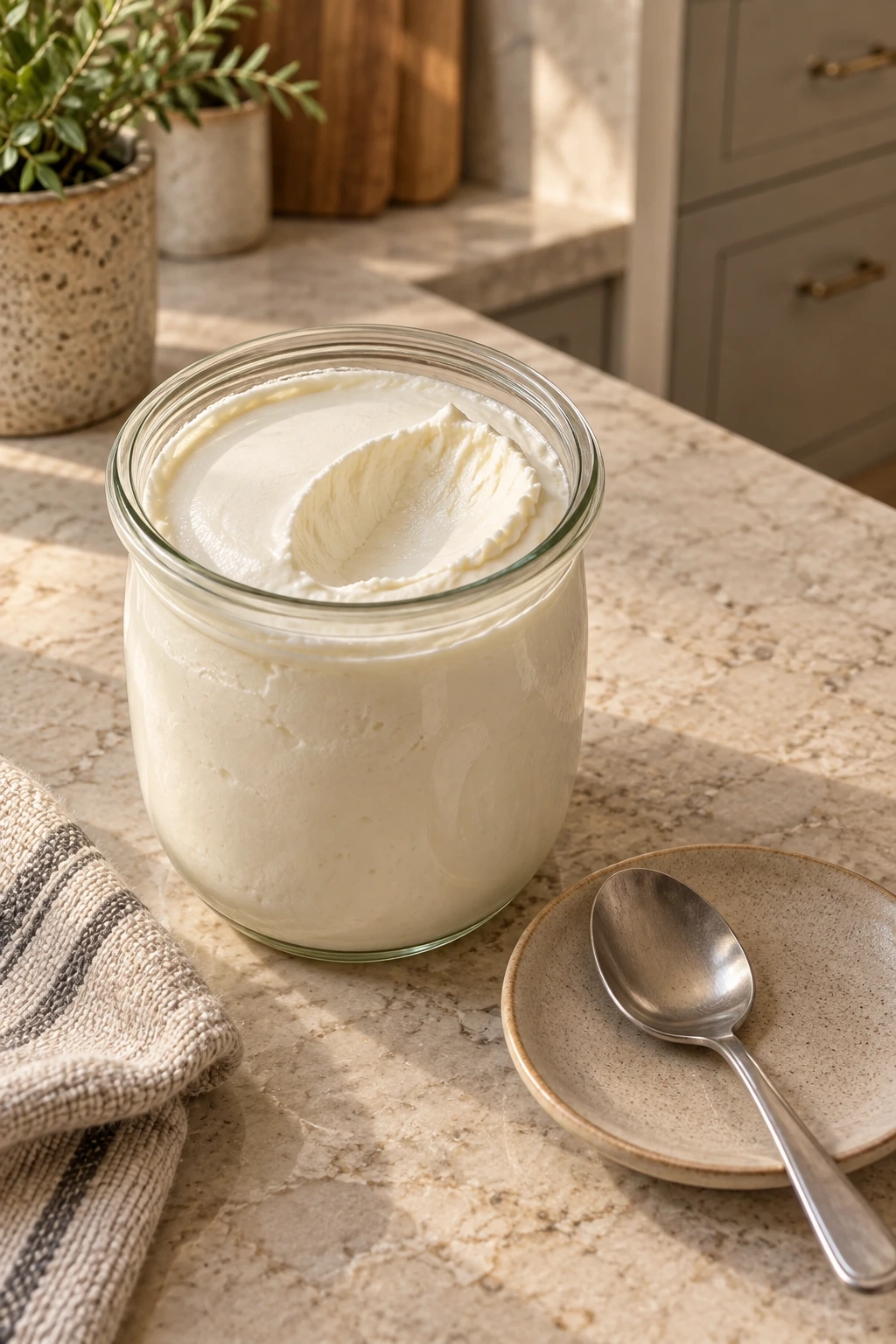 Glass jar of chilled yogurt-culture sour cream with a clean scoop crater