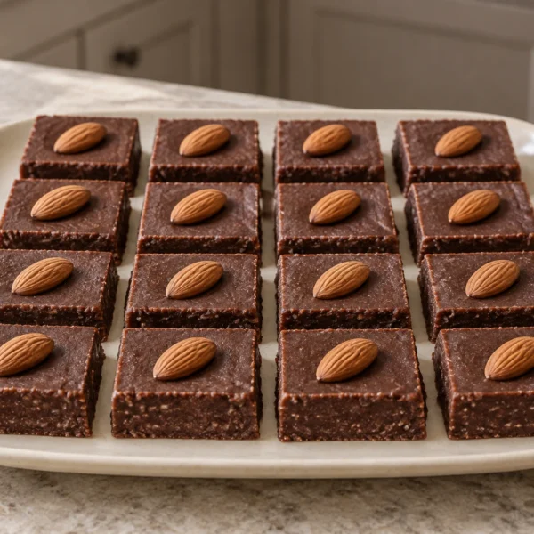 Sixteen chocolate coconut fudge squares, each topped with one prepared almond