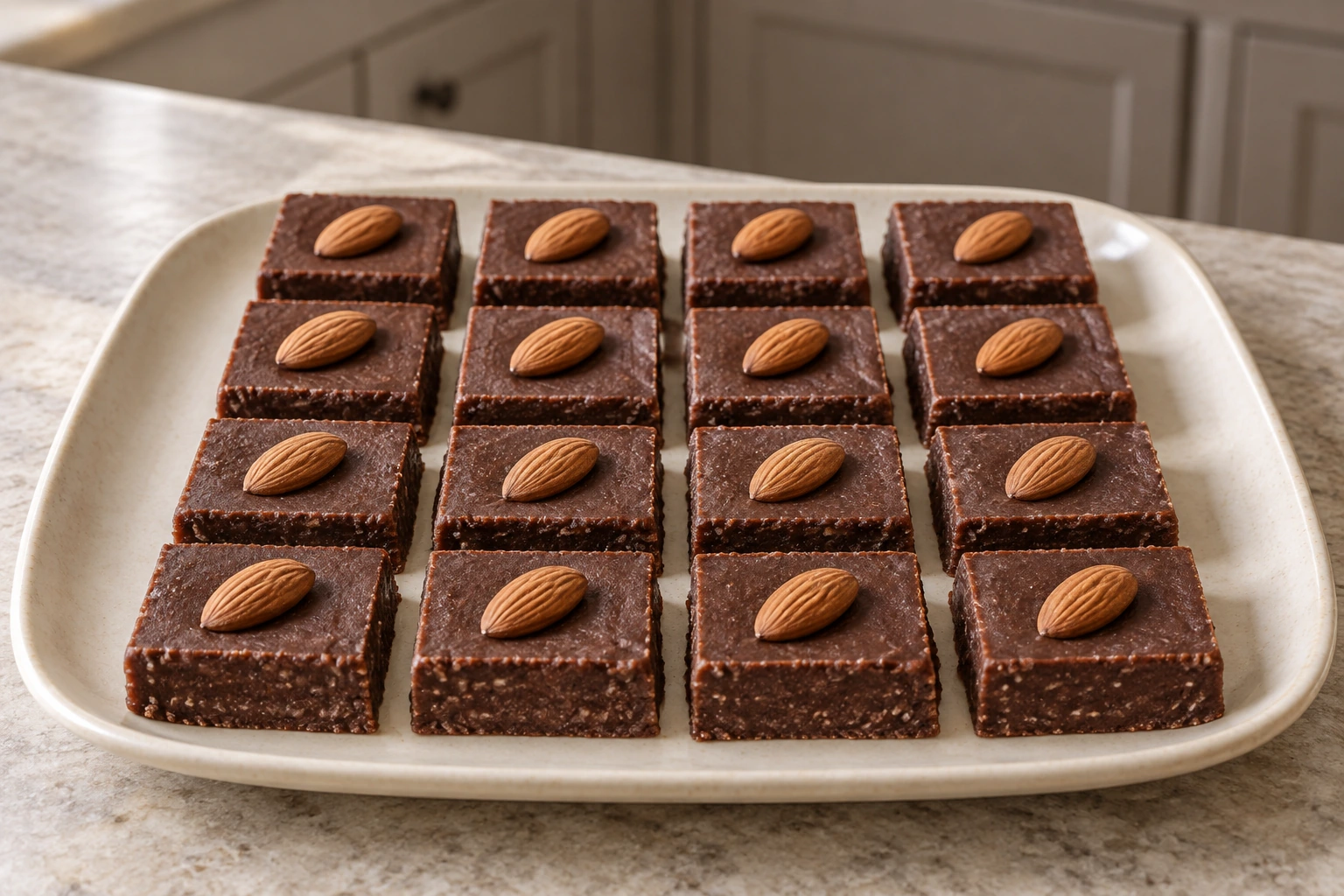 Sixteen chocolate coconut fudge squares, each topped with one prepared almond
