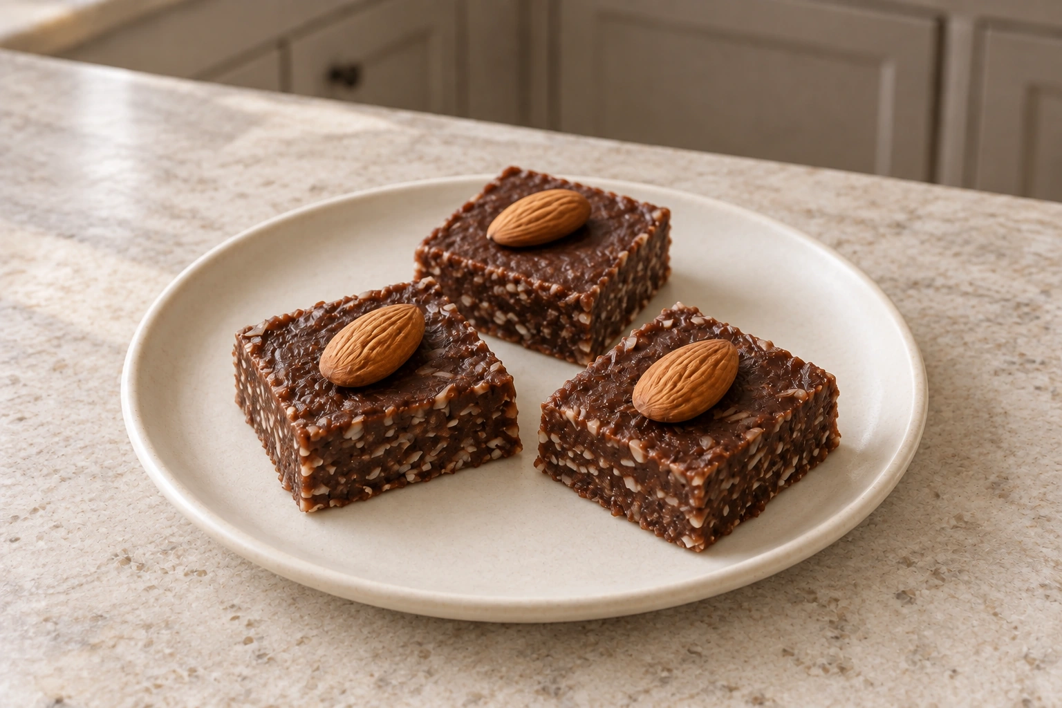 Three chocolate coconut fudge squares topped with prepared whole almonds