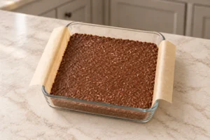 Chocolate coconut fudge pressed evenly in a fully supported parchment-lined glass dish before chilling