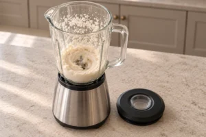 Shredded coconut becoming smooth thick coconut butter in a supported glass blender jar