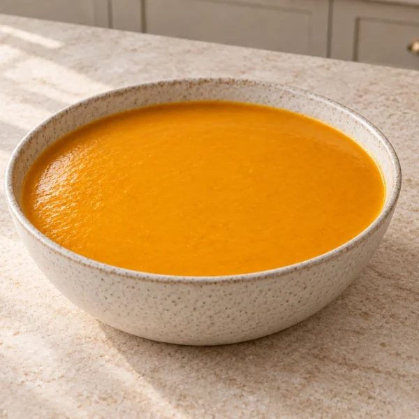 Smooth butternut squash, carrot and coconut soup in one cream ceramic bowl on pale limestone