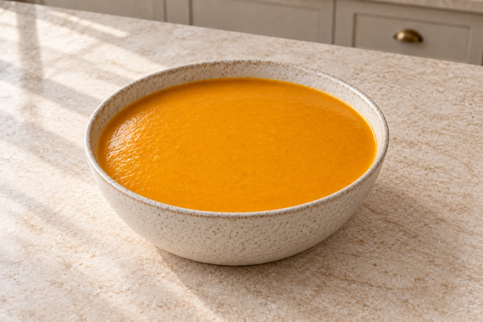 Smooth butternut squash, carrot and coconut soup in one cream ceramic bowl on pale limestone