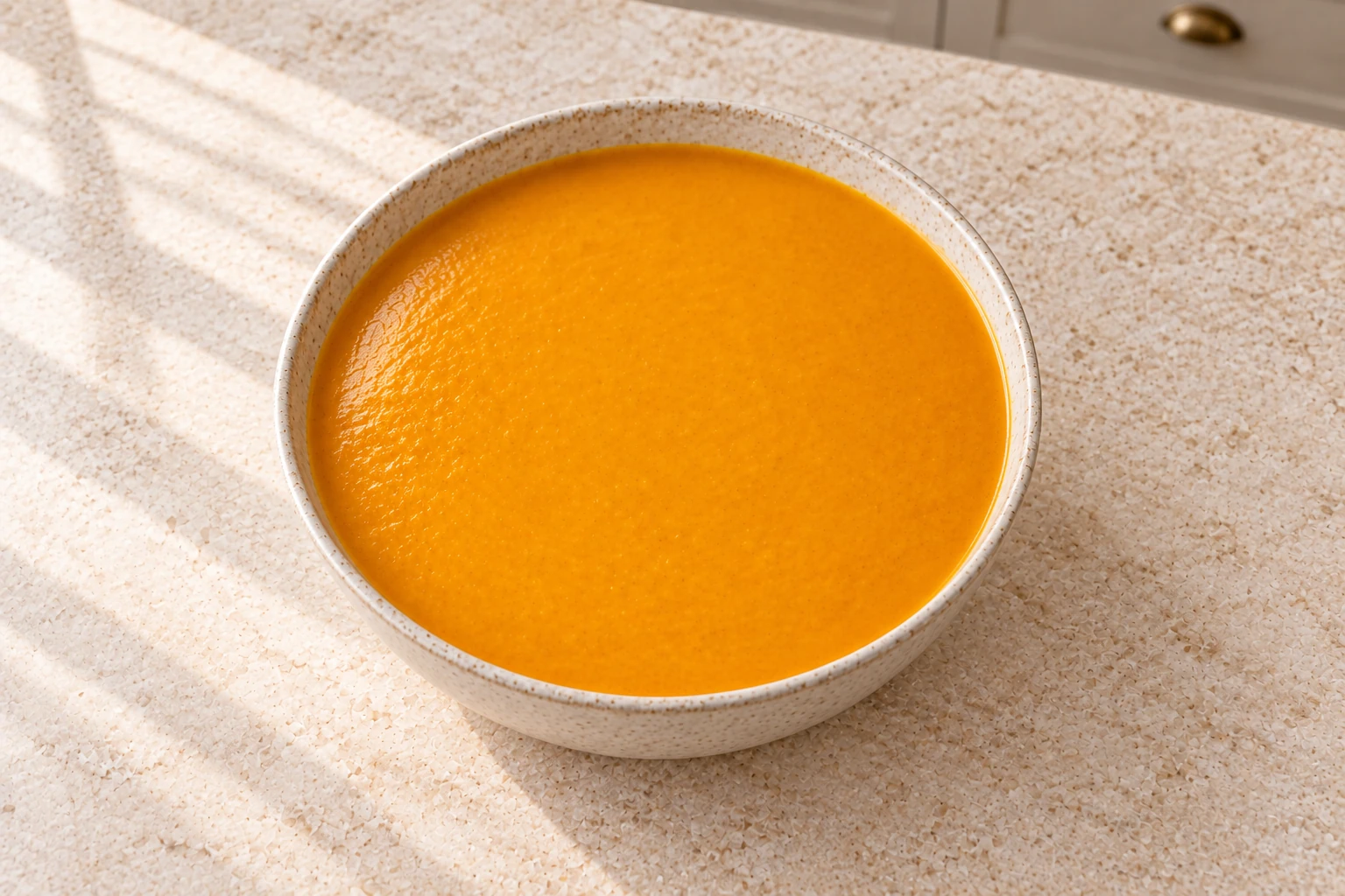 Near-overhead second angle of smooth butternut squash, carrot and coconut soup on pale limestone