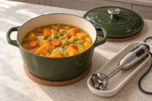 Cooked squash, carrots and leek before coconut milk with pot, lid and blender fully supported on pale limestone