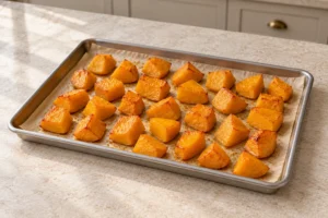 Two-inch butternut squash chunks roasted on a fully supported parchment-lined stainless sheet pan