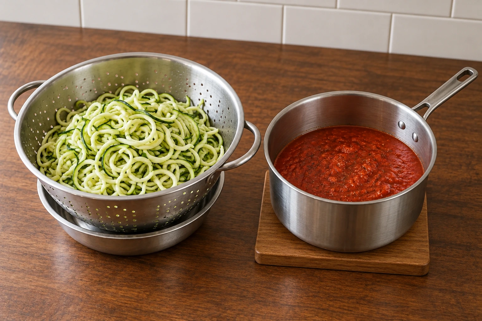 Drained zucchini noodles in a supported stainless colander beside garlic-tomato sauce in a fully supported saucepan