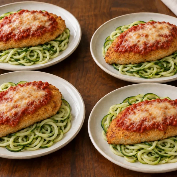 Four plates of almond-crusted chicken Parmesan with tomato sauce, melted hard cheese and zucchini noodles
