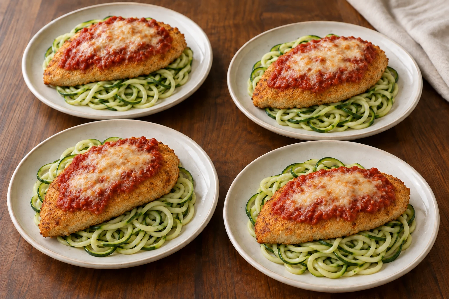 Four plates of almond-crusted chicken Parmesan with tomato sauce, melted hard cheese and zucchini noodles