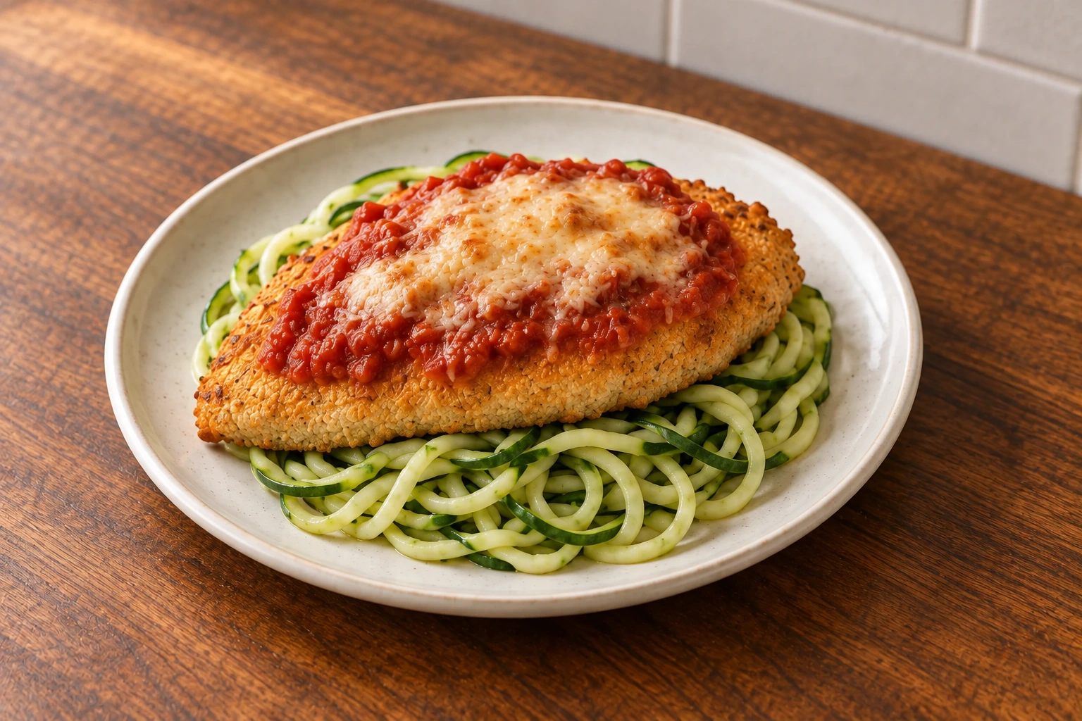 One serving of almond-crusted chicken Parmesan with tomato sauce, melted hard cheese and zucchini noodles on a cream plate