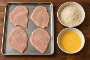 Four pounded chicken breasts beside fine fermented almond flour and beaten eggs for dredging on a warm wood surface