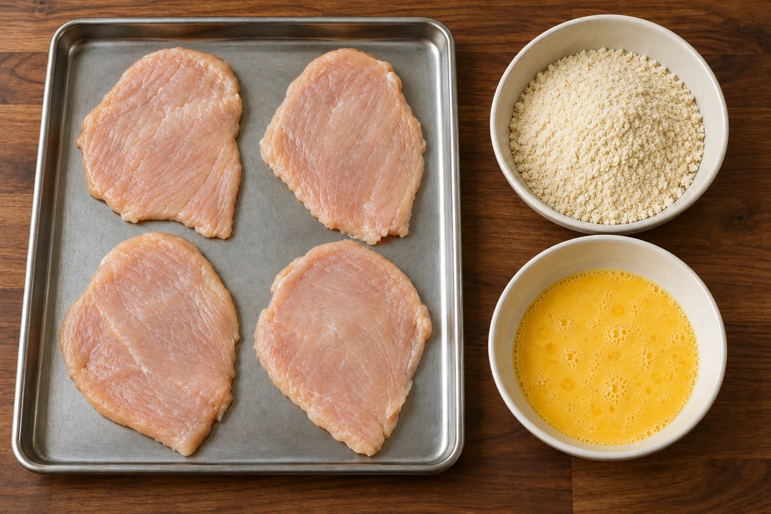 Four pounded chicken breasts beside fine fermented almond flour and beaten eggs for dredging on a warm wood surface