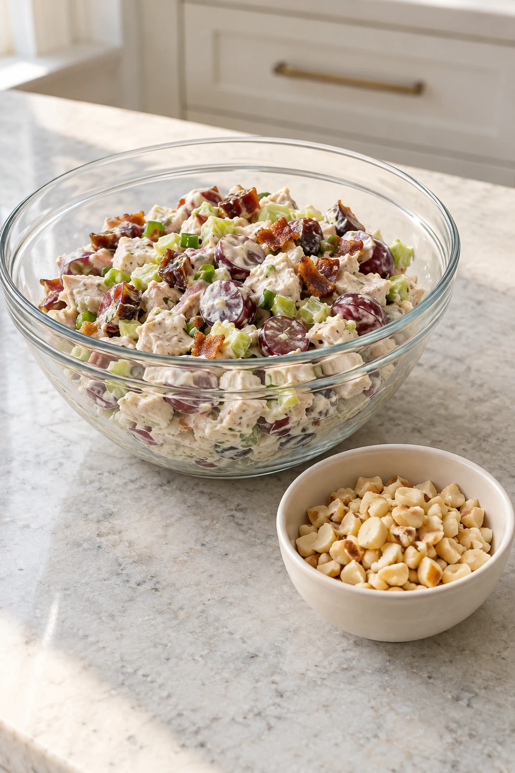 Chilled dressed chicken salad beside one-half cup chopped macadamias