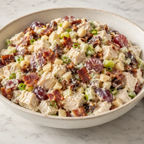 Finished chicken salad with dates, grapes, bacon and prepared macadamias