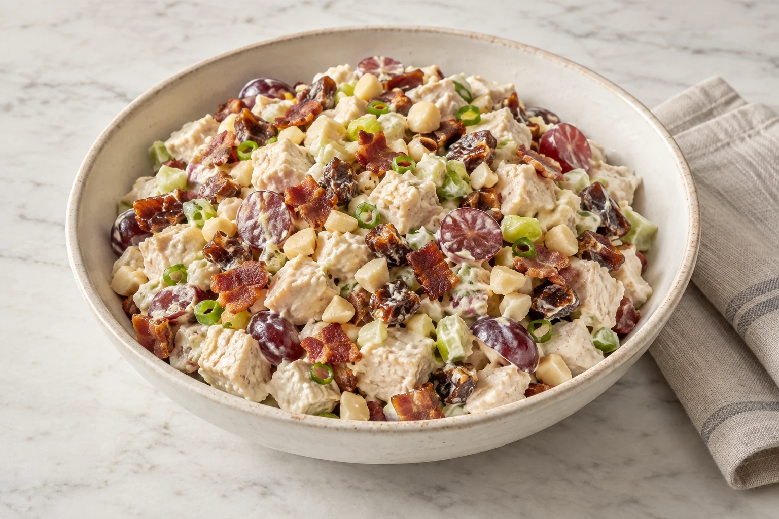 Finished chicken salad with dates, grapes, bacon and prepared macadamias