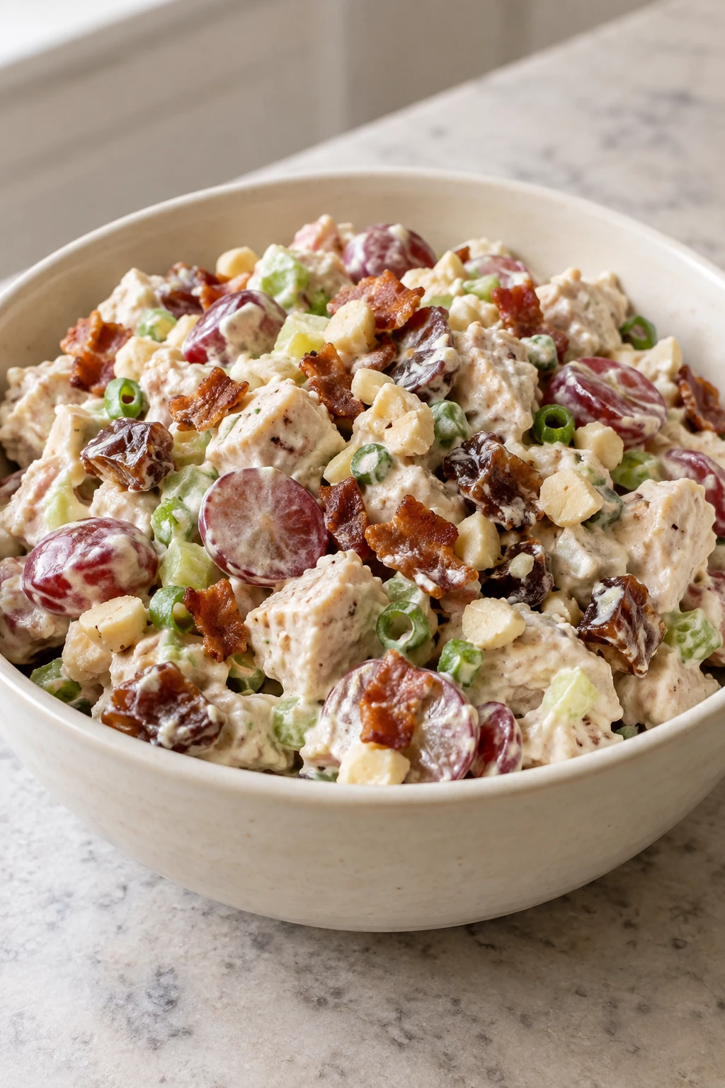 Close view of finished chicken salad with dates, grapes, bacon and macadamias