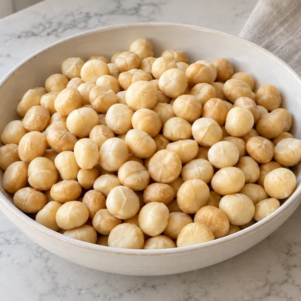 Prepared whole macadamia nuts, dried and cooled