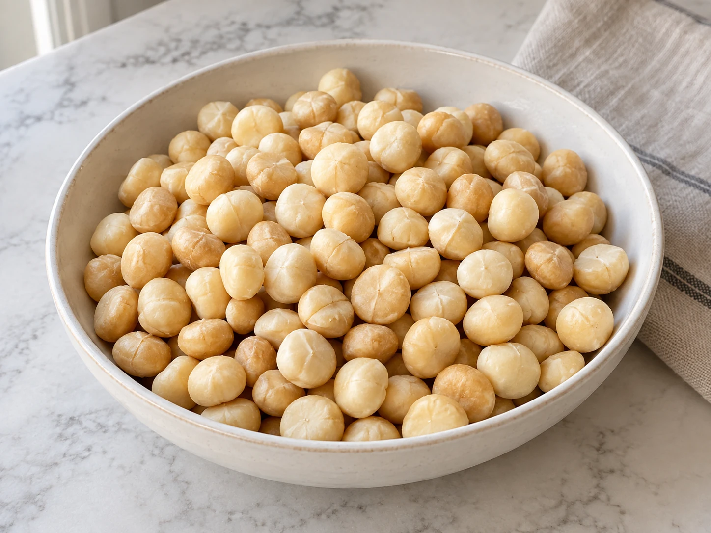 Prepared whole macadamia nuts, dried and cooled