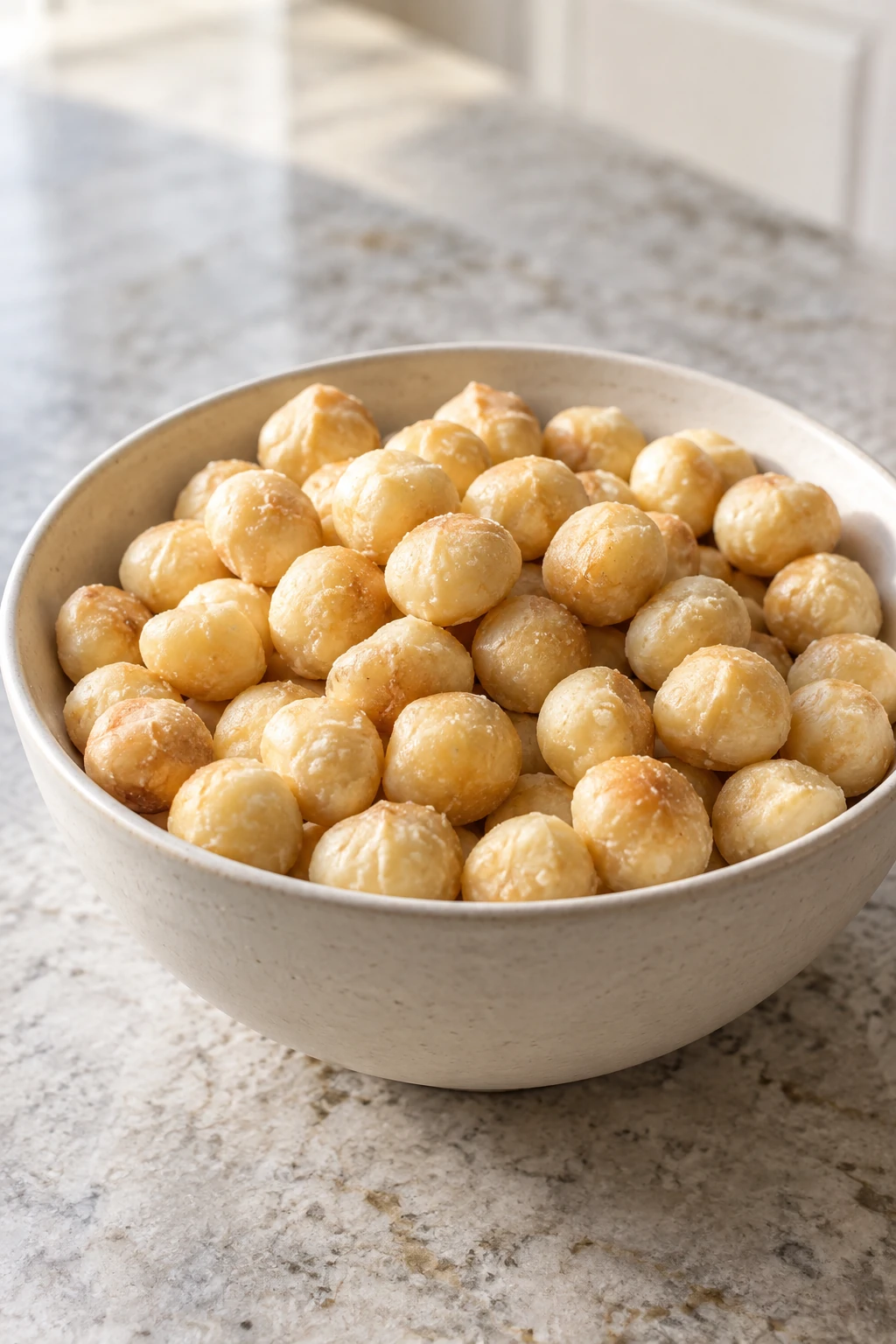 Close view of dry crunchy prepared macadamia nuts