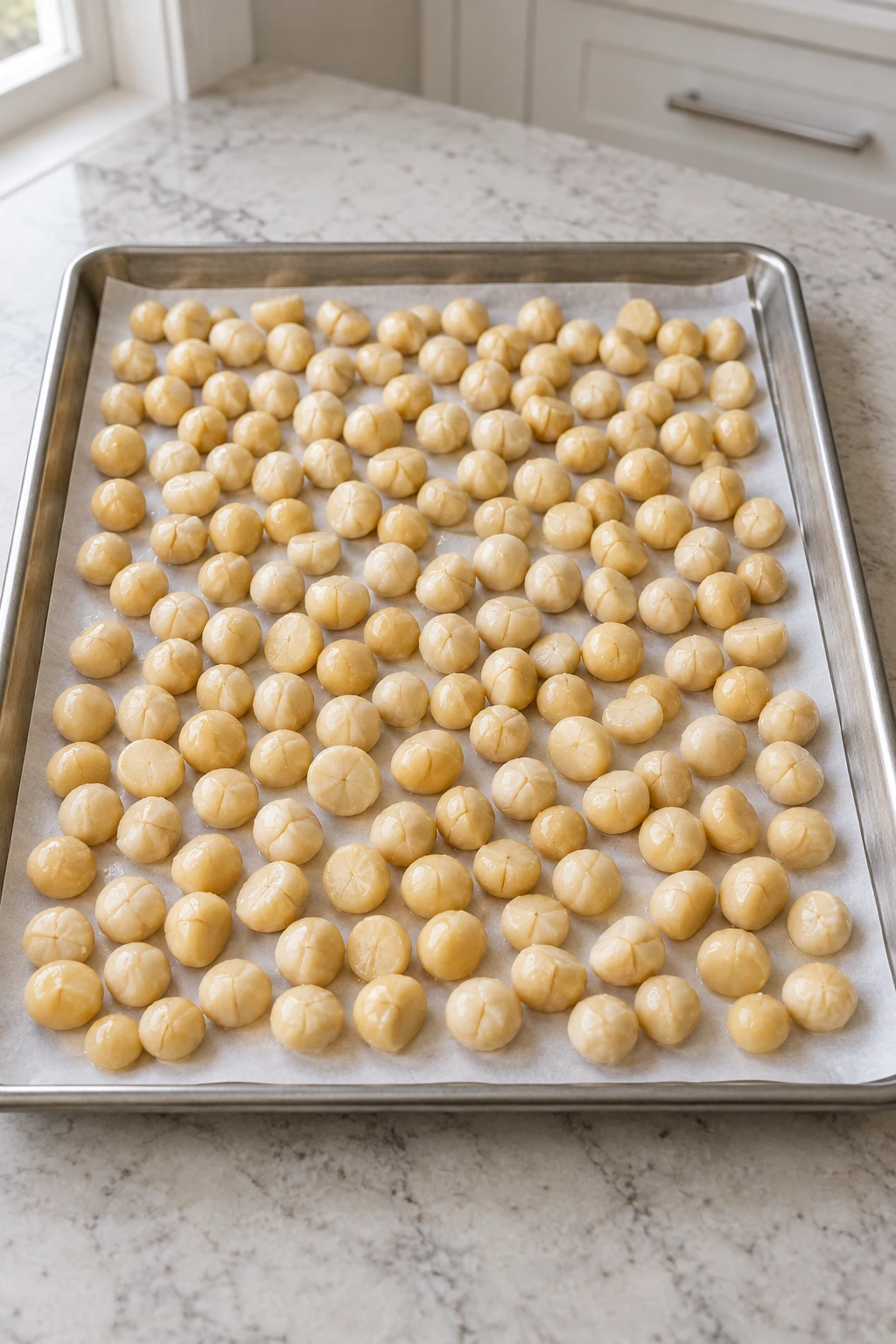 Drained macadamias spread on a parchment-lined stainless-steel tray