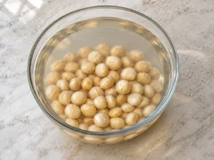 Four cups raw macadamias fully submerged beneath at least two inches of warm salted water