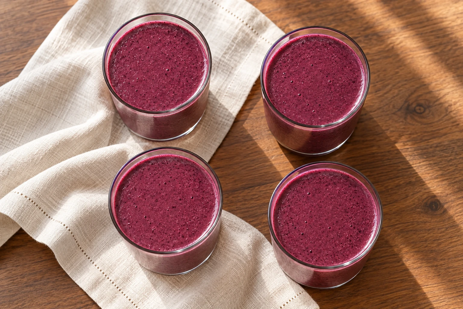 Overhead four-serving berry spinach smoothie