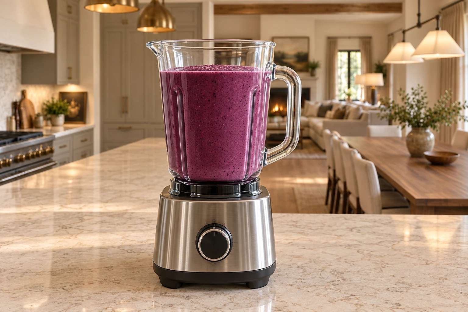 Smooth berry spinach mixture in a supported glass blender jar